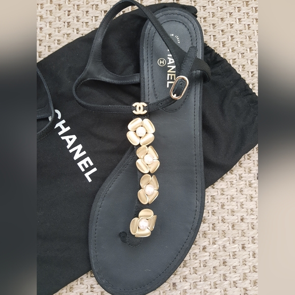 Chanel sandals ,gold tone hardware cc  camelias with pearl centre- Authentic - Picture 7 of 11